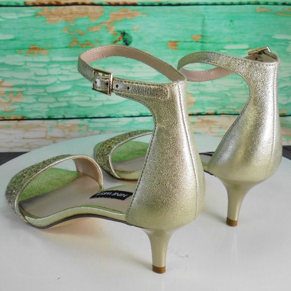 Nine West Leisa Gold Glitter Dress Sandals Kitten Open Heels Ankle Strap 2” 6 🤩 - Picture 5 of 11